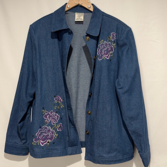 Vintage 90s Floral Embroidered Sequin Denim Jean Jacket & Pants Set, 12 Petite - Picture 6 of 16
